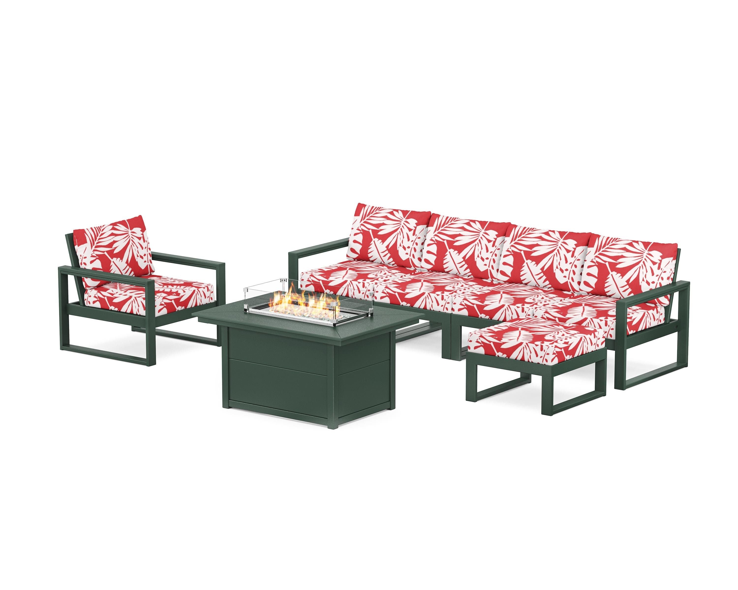 POLYWOOD® EDGE Sectional Lounge and Fire Pit Set in Green / Leaf Crimson