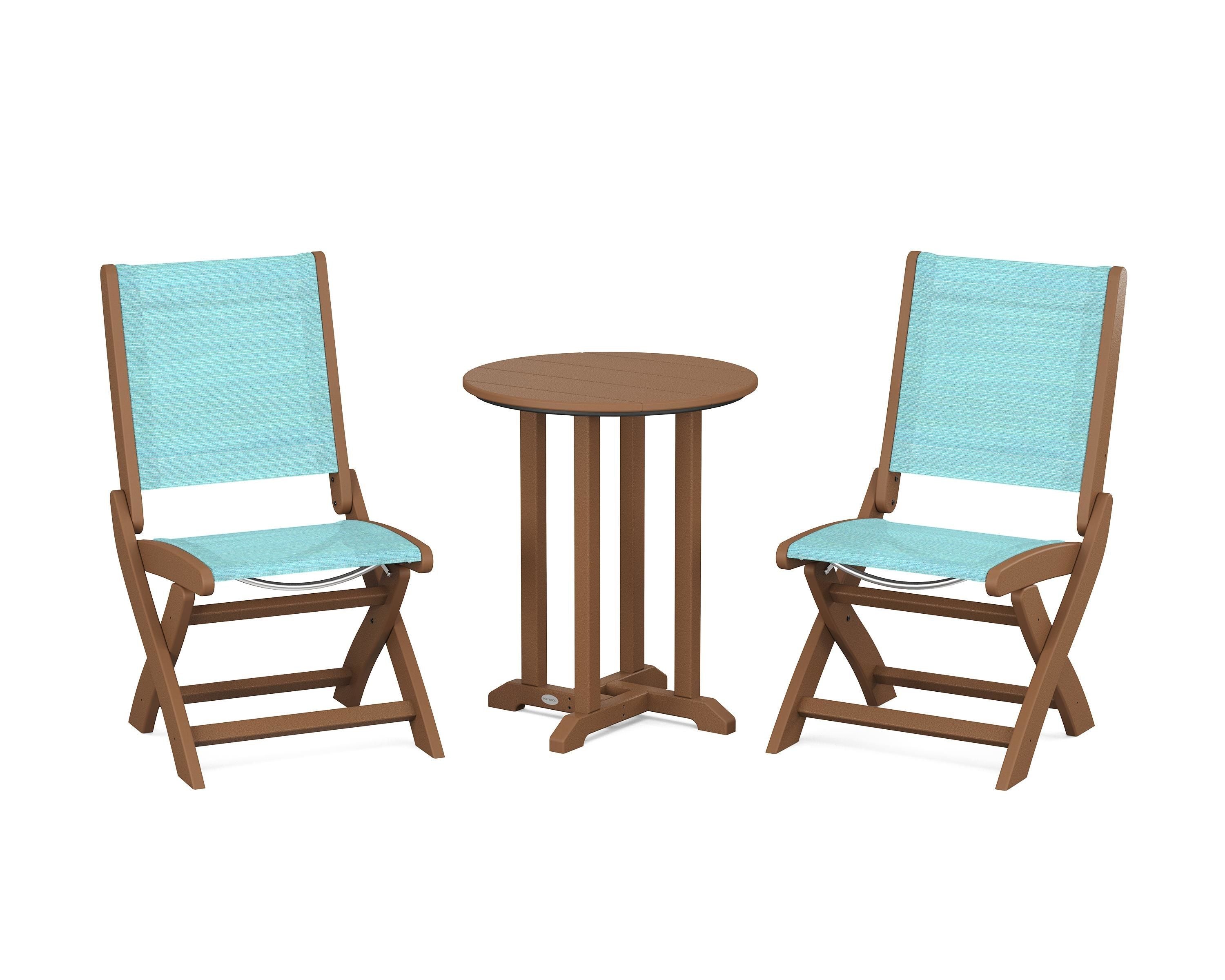 POLYWOOD® Coastal Folding Side Chair 3-Piece Round Bistro Dining Set in Teak / Dupioni Aquamarine Sling