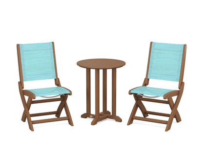POLYWOOD® Coastal Folding Side Chair 3-Piece Round Bistro Dining Set in Teak / Dupioni Aquamarine Sling