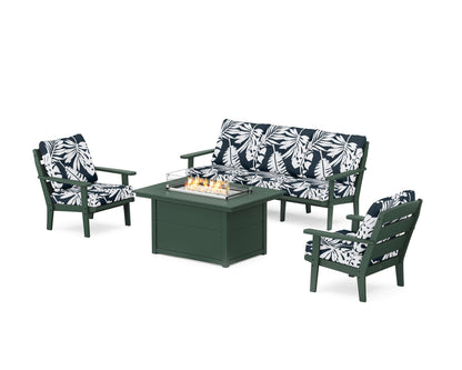 POLYWOOD® Lakeside Deep Seating Fire Pit Table Set in Green / Leaf Marine Indigo