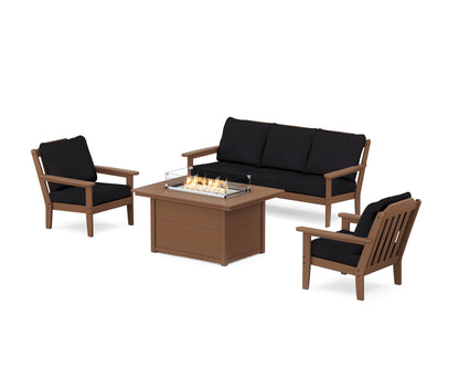 Country Living Cottage Deep Seating Fire Pit Table Set in Teak / Midnight Linen