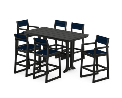 POLYWOOD® EDGE Sling 7-Piece Farmhouse Bar Set with Trestle Legs in Black / Navy Blue Sling