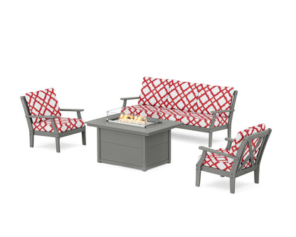 POLYWOOD® Braxton Deep Seating Fire Pit Table Set in Slate Grey / Trellis Crimson