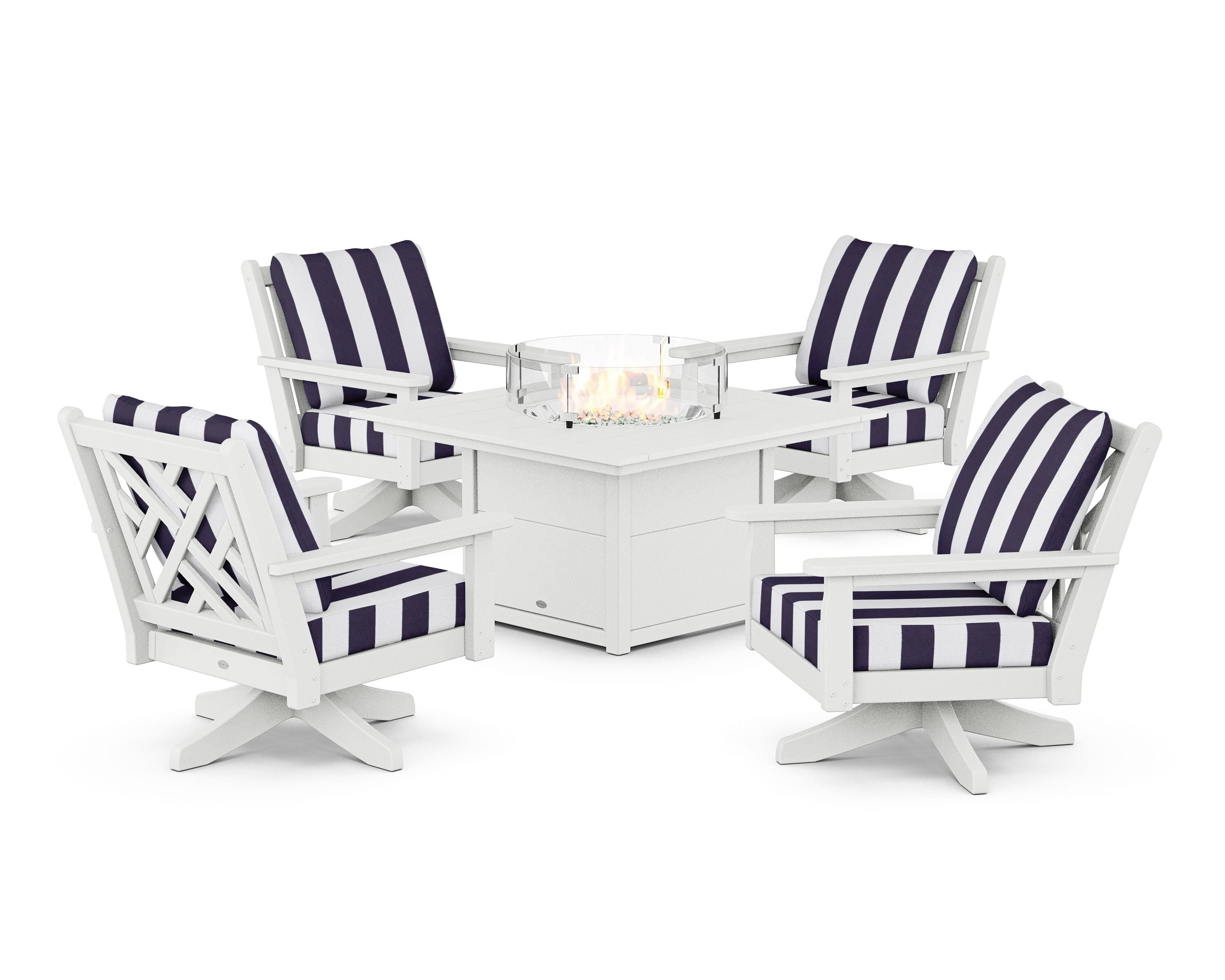 POLYWOOD® Chippendale 5-Piece Deep Seating Swivel Conversation Set with Fire Pit Table in White / Cabana Stripe Navy
