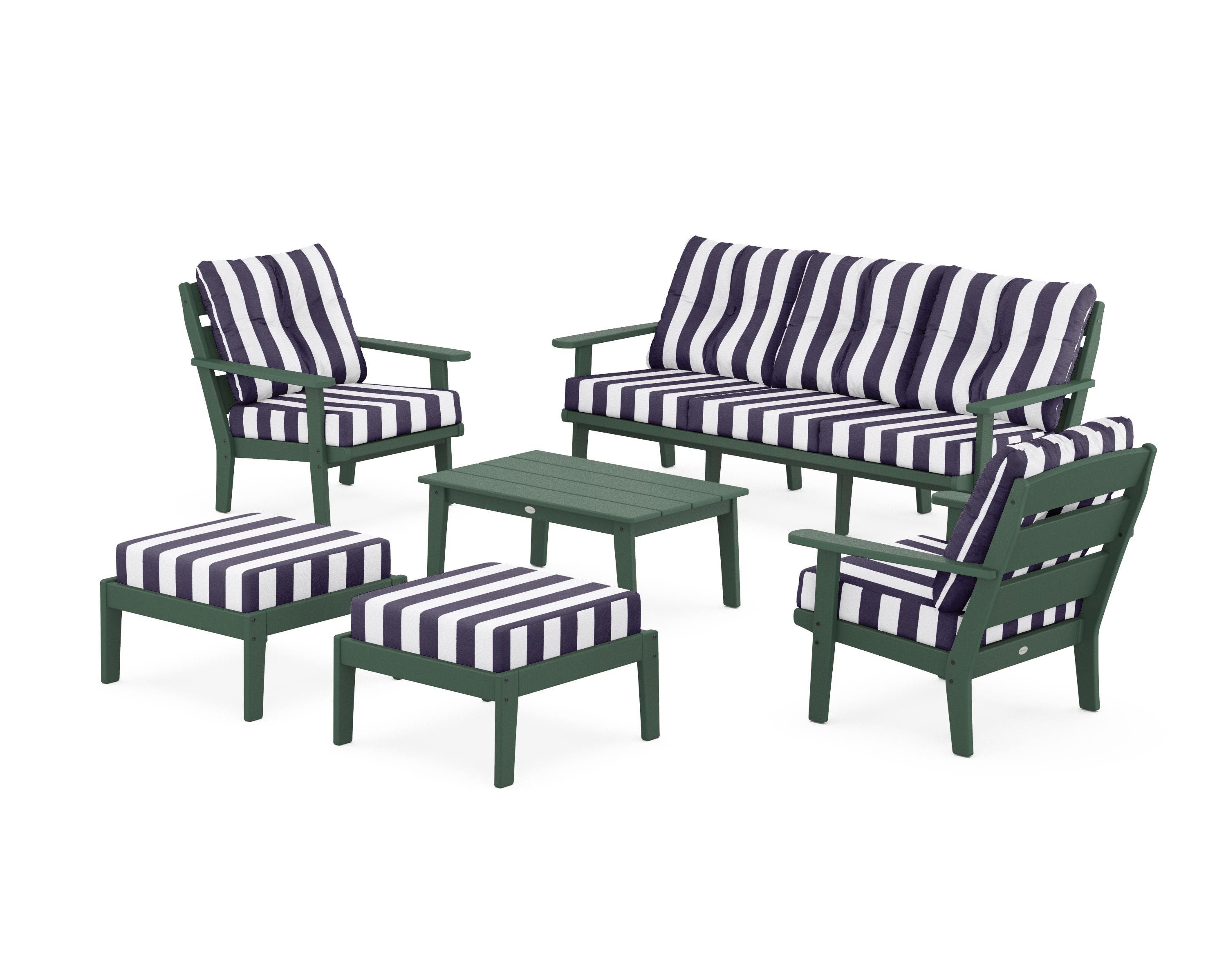 POLYWOOD® Lakeside 6-Piece Lounge Sofa Set in Green / Cabana Stripe Navy