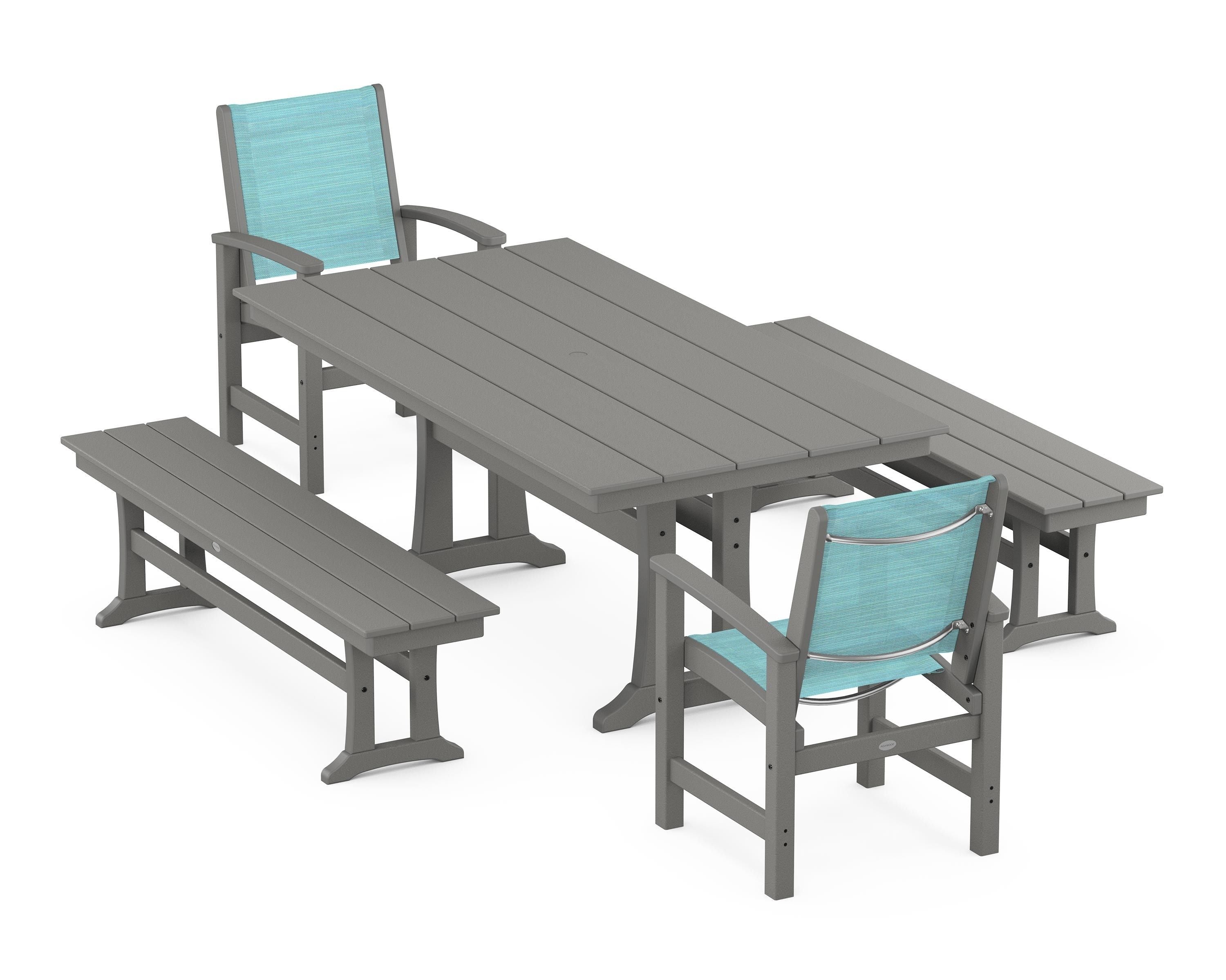 POLYWOOD® Coastal 5-Piece Farmhouse Dining Set with Trestle Legs and Benches in Slate Grey / Dupioni Aquamarine Sling