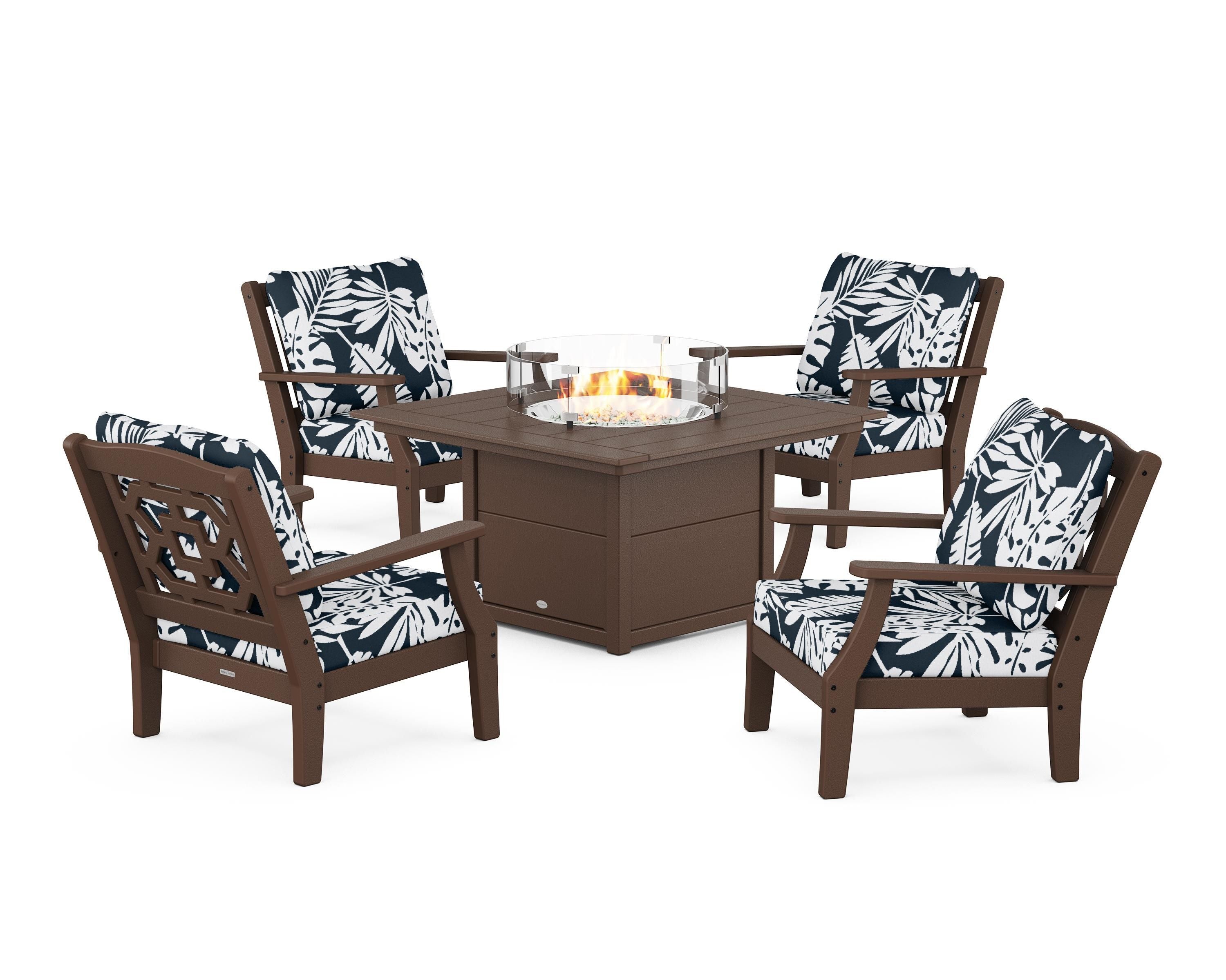 Martha Stewart by POLYWOOD® Chinoiserie 5-Piece Deep Seating Set with Fire Pit Table in Mahogany / Leaf Marine Indigo