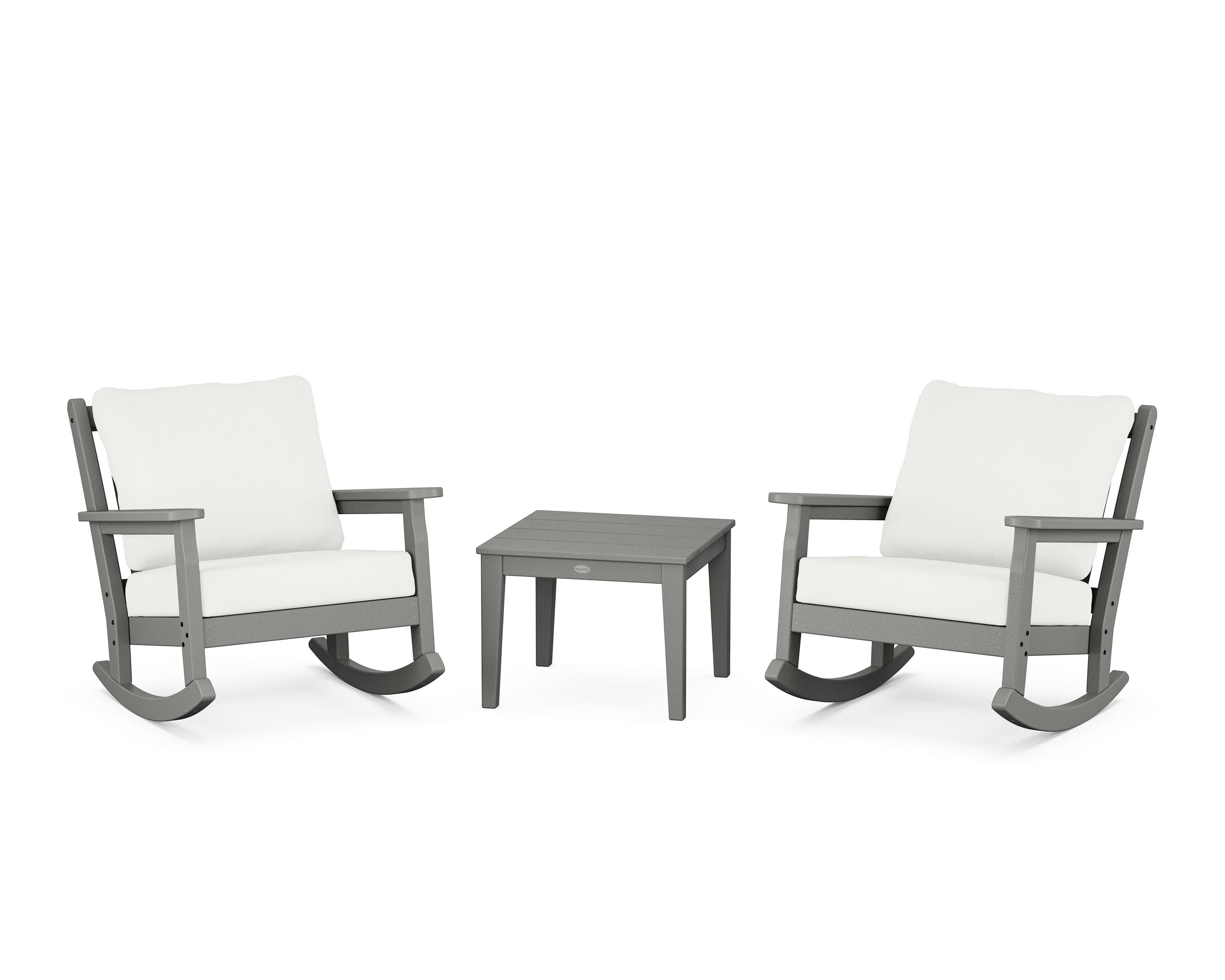 POLYWOOD® Chippendale 3-Piece Deep Seating Rocker Set in Slate Grey / Natural Linen