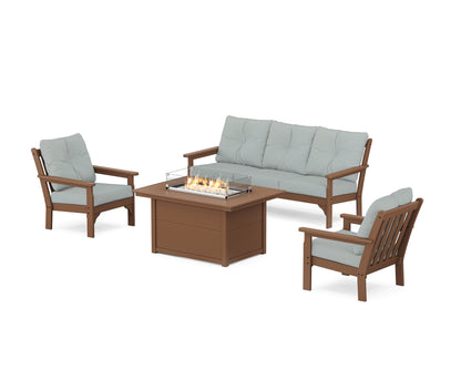POLYWOOD® Vineyard Deep Seating Fire Pit Table Set in Teak / Spa