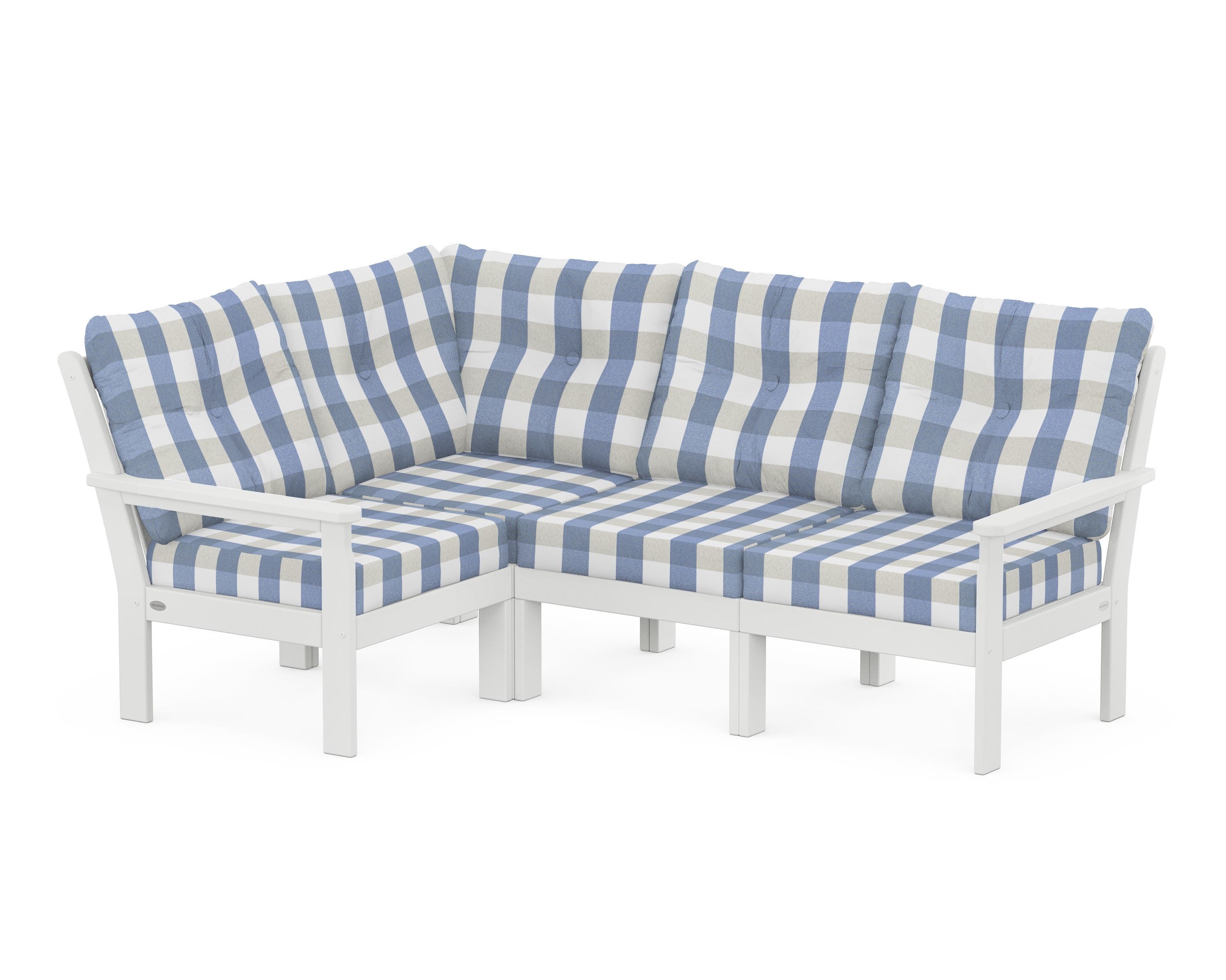 POLYWOOD® Vineyard 4-Piece Sectional in White / Buffalo Plaid Sky Blue