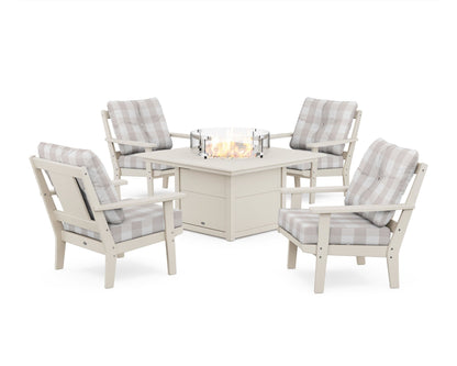 POLYWOOD® Prairie 5-Piece Deep Seating Set with Fire Pit Table in Sand / Buffalo Plaid Dune Burlap