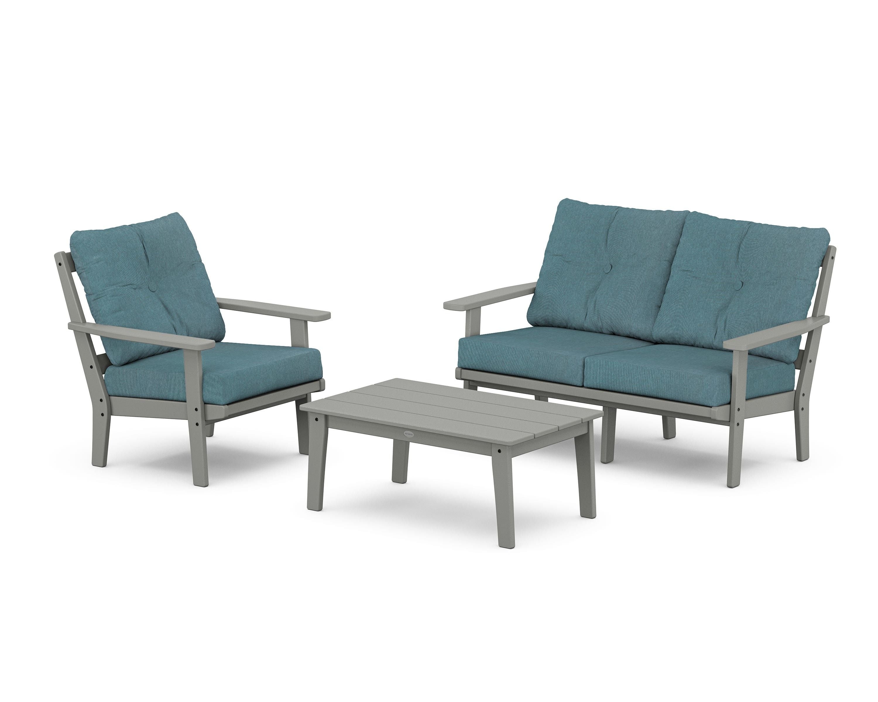 POLYWOOD® Oxford 3-Piece Deep Seating Set with Loveseat in Slate Grey / Ocean Teal