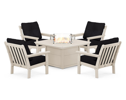 POLYWOOD® Vineyard 5-Piece Conversation Set with Fire Pit Table in Sand / Midnight Linen