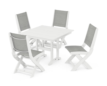 POLYWOOD® Coastal Folding Side Chair 5-Piece Farmhouse Dining Set in White / Metallic Sling