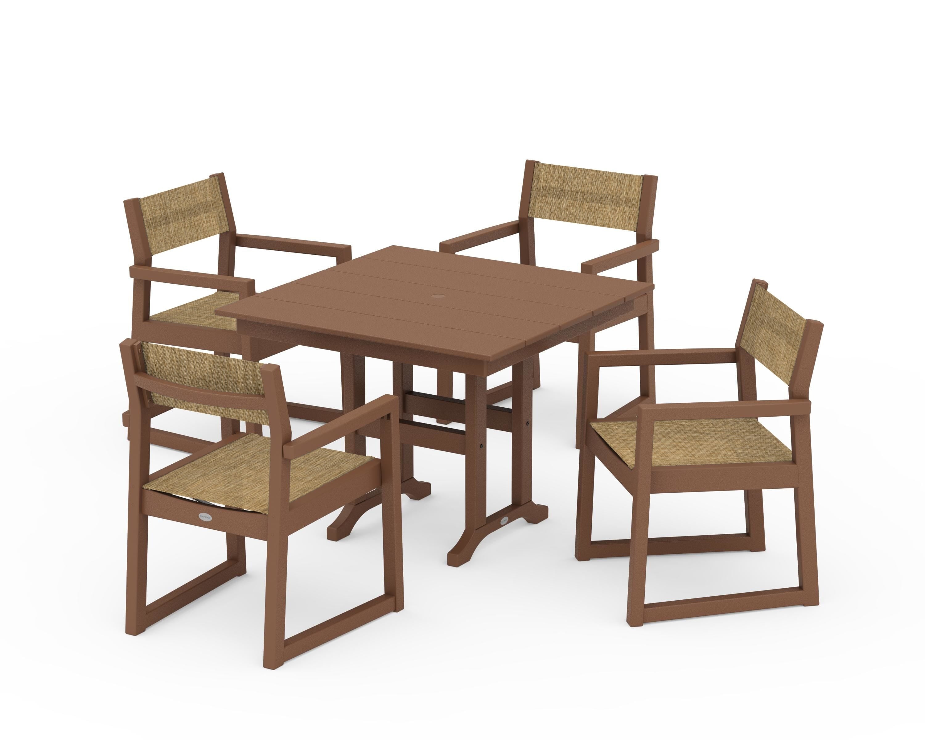 POLYWOOD® EDGE Sling Arm Chair 5-Piece Farmhouse Dining Set in Teak / Burlap Sling