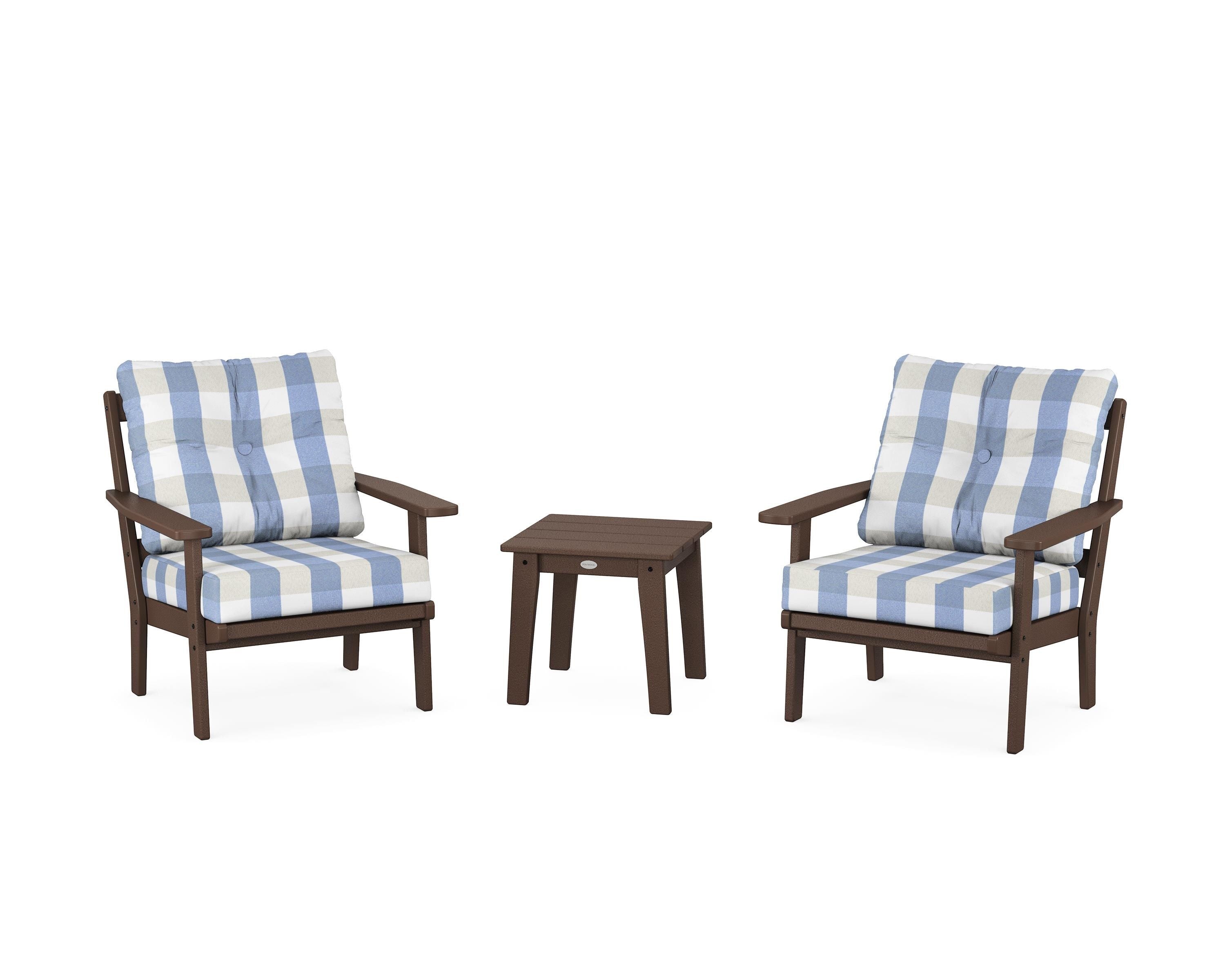 POLYWOOD® Oxford 3-Piece Deep Seating Set in Mahogany / Buffalo Plaid Sky Blue