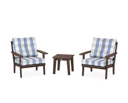 POLYWOOD® Oxford 3-Piece Deep Seating Set in Mahogany / Buffalo Plaid Sky Blue
