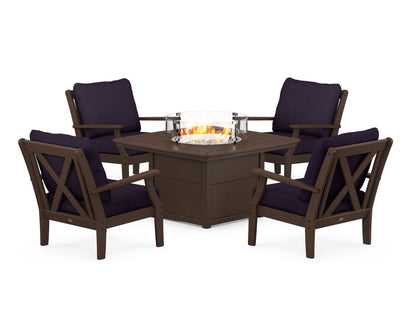 POLYWOOD® Braxton 5-Piece Deep Seating Conversation Set with Fire Pit Table in Mahogany / Navy Linen