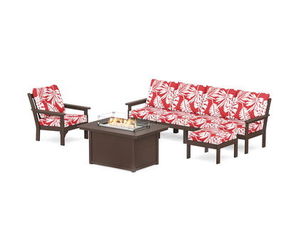 POLYWOOD® Vineyard Sectional Lounge and Fire Pit Set in Mahogany / Leaf Crimson