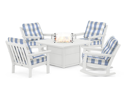 POLYWOOD® Vineyard 5-Piece Deep Seating Rocking Chair Conversation Set with Fire Pit Table in White / Buffalo Plaid Sky Blue