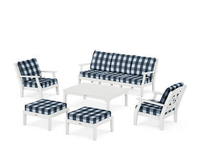 Martha Stewart by POLYWOOD® Chinoiserie 6-Piece Lounge Sofa Set in White / Buffalo Plaid Marine Indigo