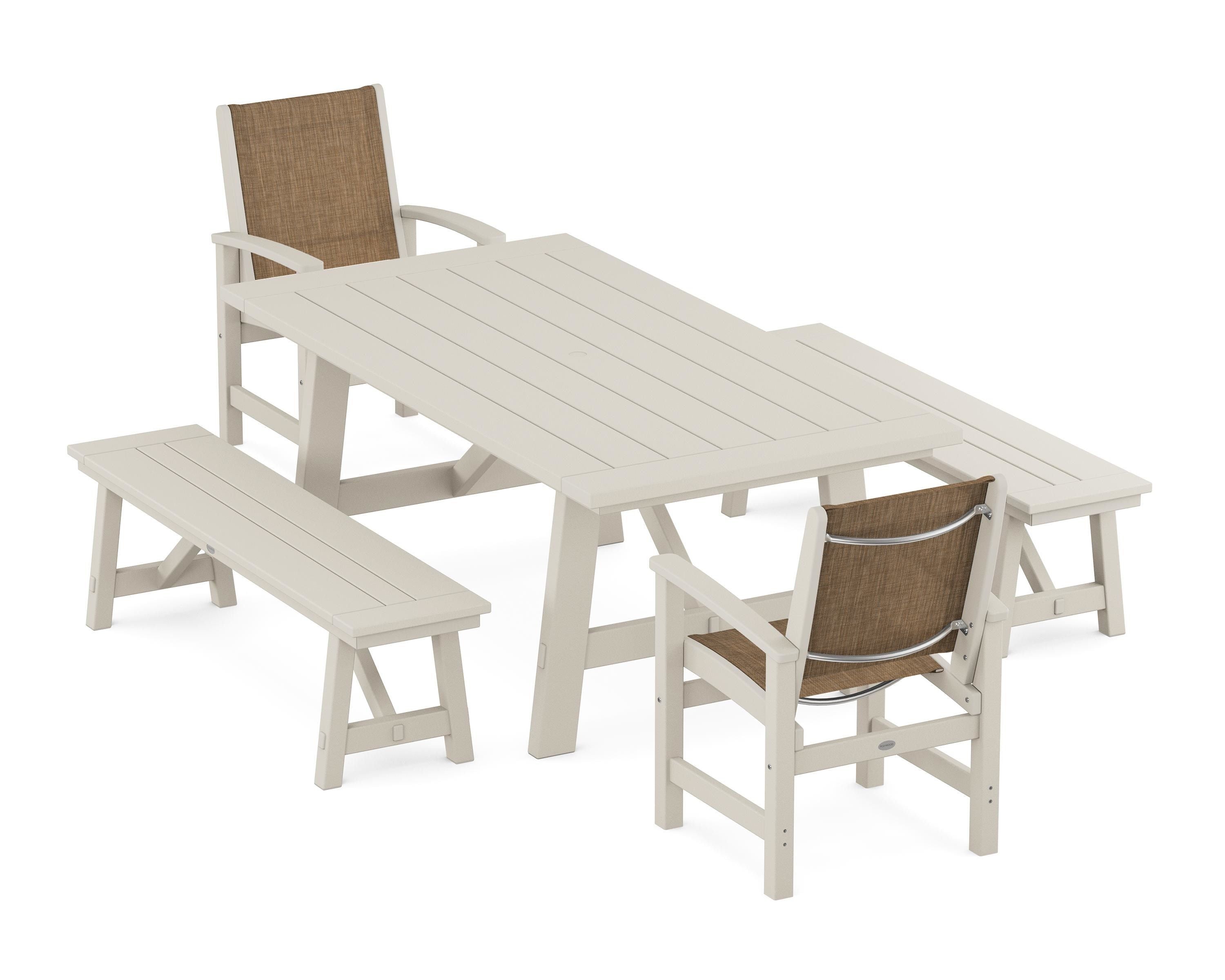 POLYWOOD® Coastal 5-Piece Rustic Farmhouse Dining Set With Benches in Sand / Burlap Sling