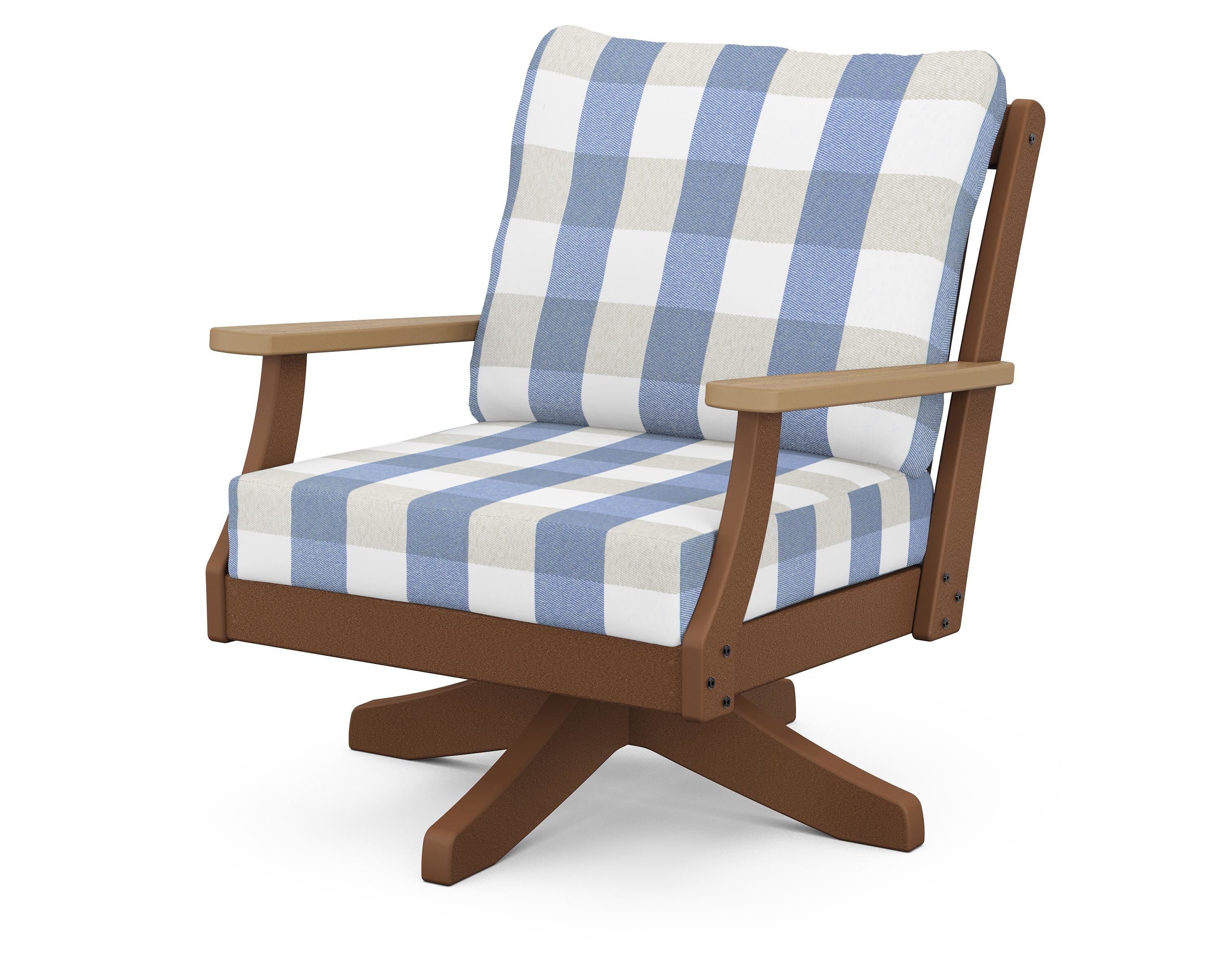POLYWOOD® Braxton Deep Seating Swivel Chair in Teak / Natural / Buffalo Plaid Sky Blue