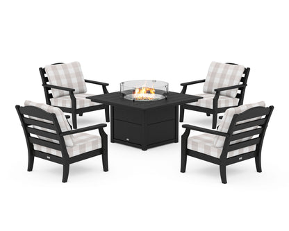 Draper James™ by  POLYWOOD® Savannah 5-Piece Deep Seating Set with Fire Pit Table in Black / Buffalo Plaid Dune Burlap