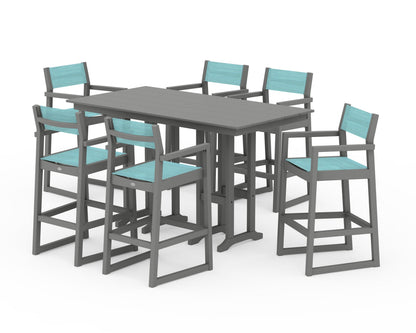 POLYWOOD® EDGE Sling Arm Chair 7-Piece Farmhouse Bar Set in Slate Grey / Dupioni Aquamarine Sling