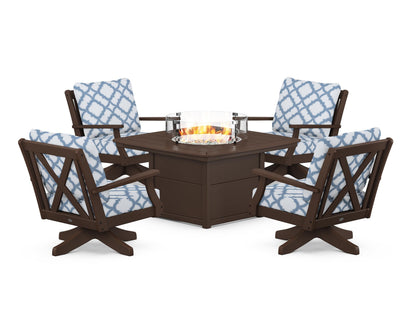 POLYWOOD® Braxton 5-Piece Deep Seating Swivel Conversation Set with Fire Pit Table in Mahogany / Trellis Sky Blue