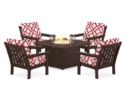 POLYWOOD® Vineyard 5-Piece Conversation Set with Fire Pit Table in Mahogany / Trellis Crimson