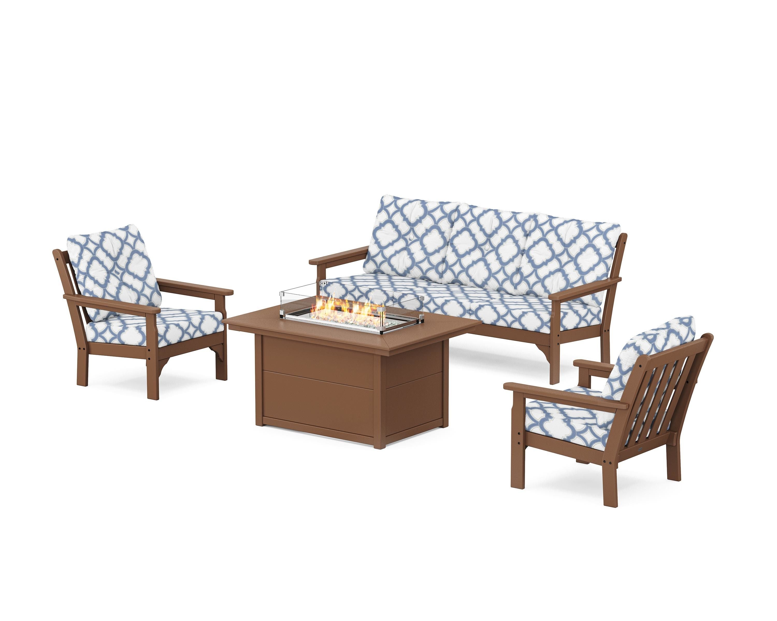 POLYWOOD® Vineyard Deep Seating Fire Pit Table Set in Teak / Trellis Sky Blue