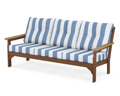 POLYWOOD® Vineyard Deep Seating Sofa in Teak / Natural / Cabana Stripe Sky Blue