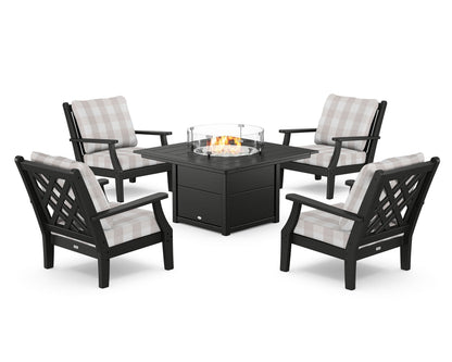 Country Living Wovendale 5-Piece Deep Seating Set with Fire Pit Table in Black / Buffalo Plaid Dune Burlap