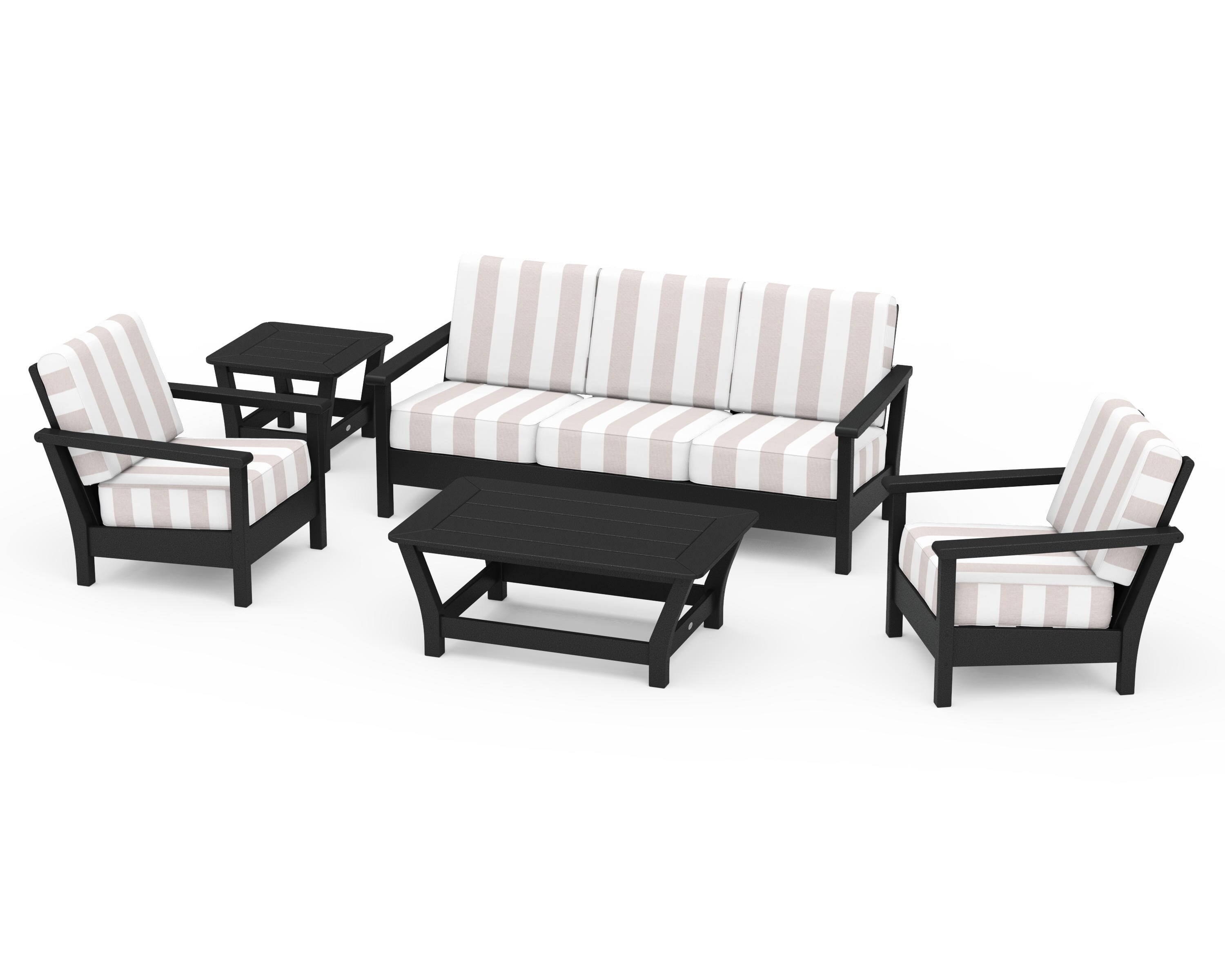 POLYWOOD® Harbour 5-Piece Deep Seating Set in Black / Cabana Stripe Dune Burlap