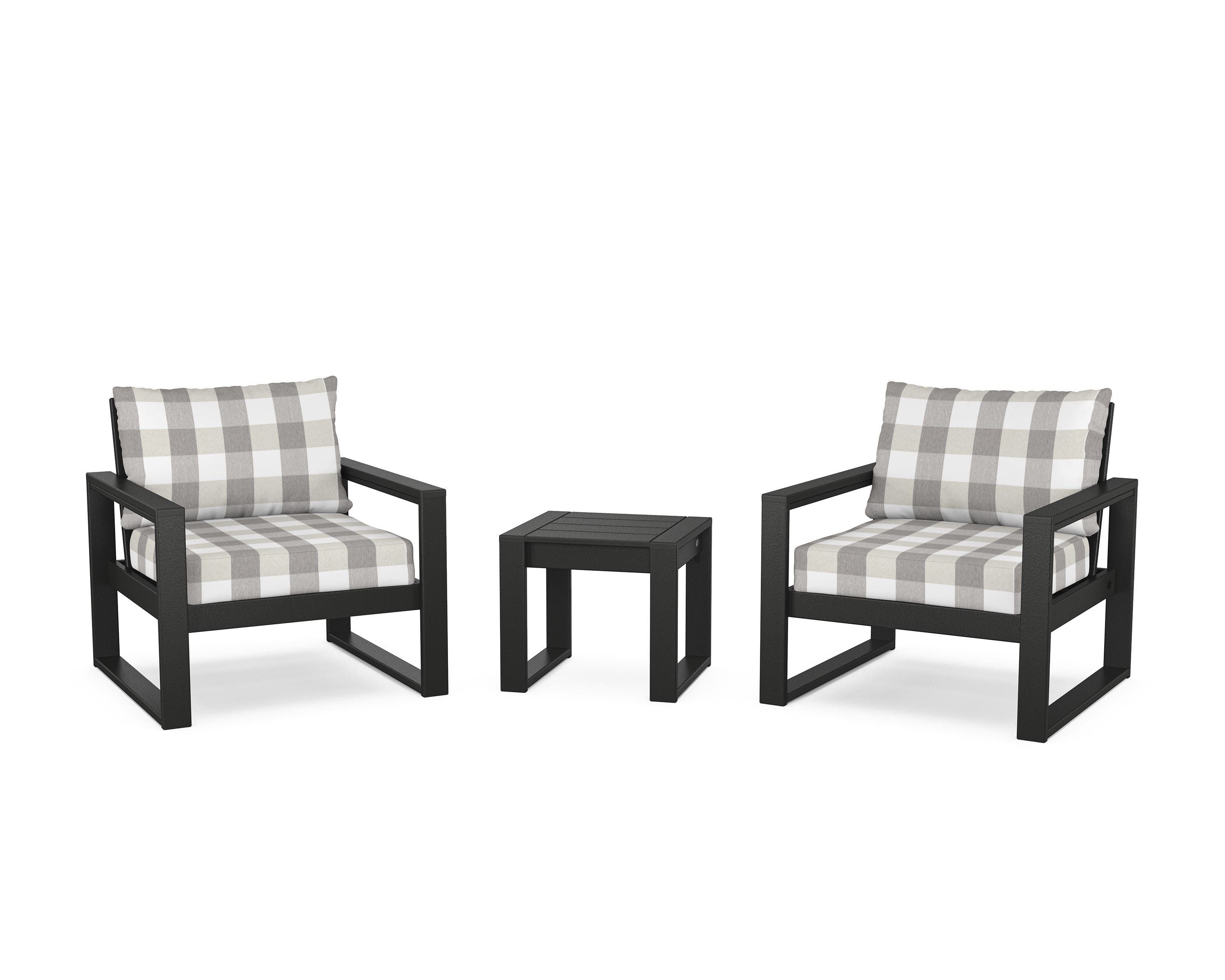 POLYWOOD® EDGE Sectional 3-Piece Deep Seating Set in Black / Buffalo Plaid Grey Mist