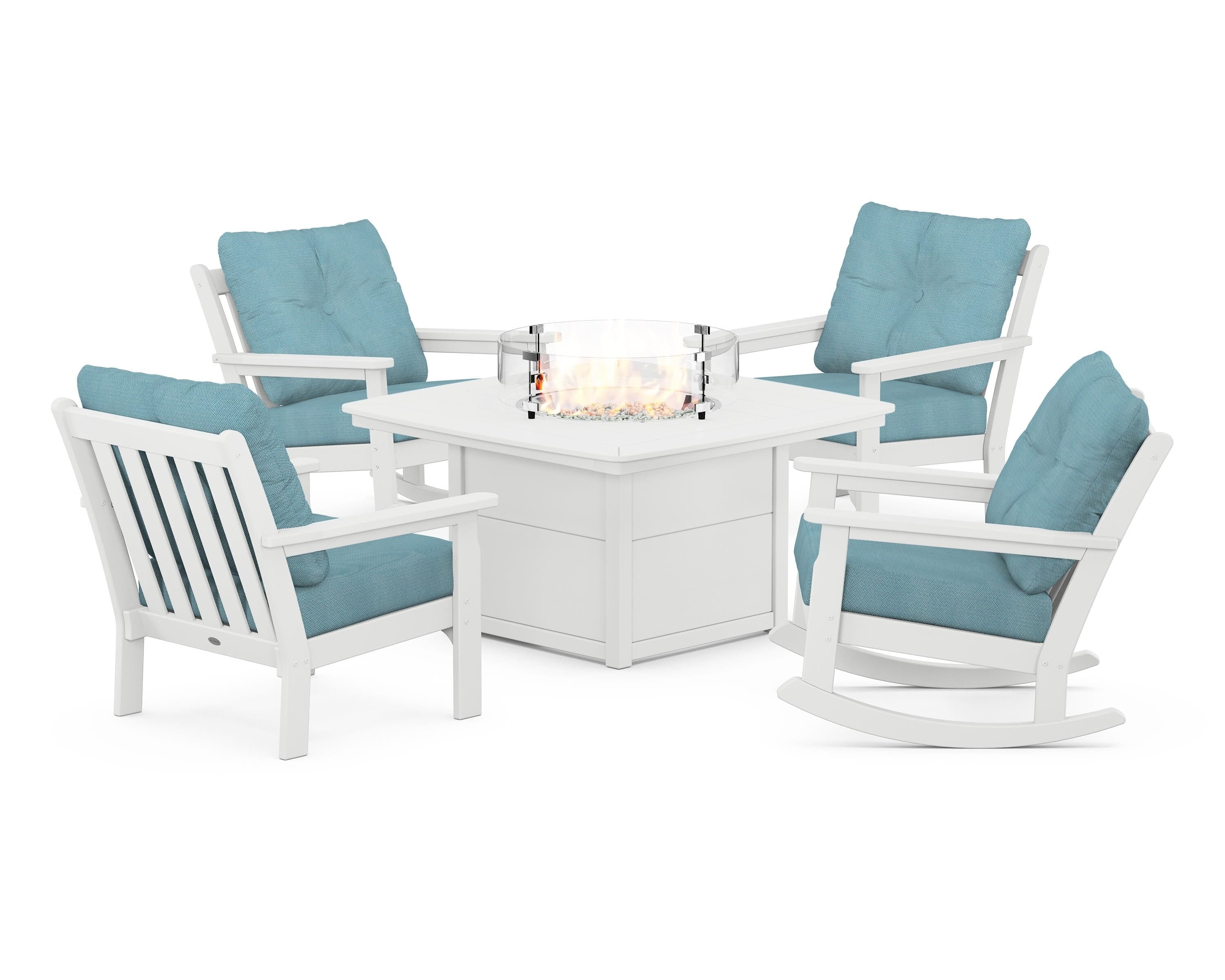 POLYWOOD® Vineyard 5-Piece Deep Seating Rocking Chair Conversation Set with Fire Pit Table in White / Lattice Sky Blue