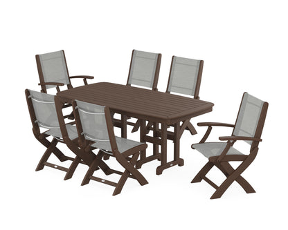 POLYWOOD® Coastal Folding Chair 7-Piece Dining Set in Mahogany / Metallic Sling