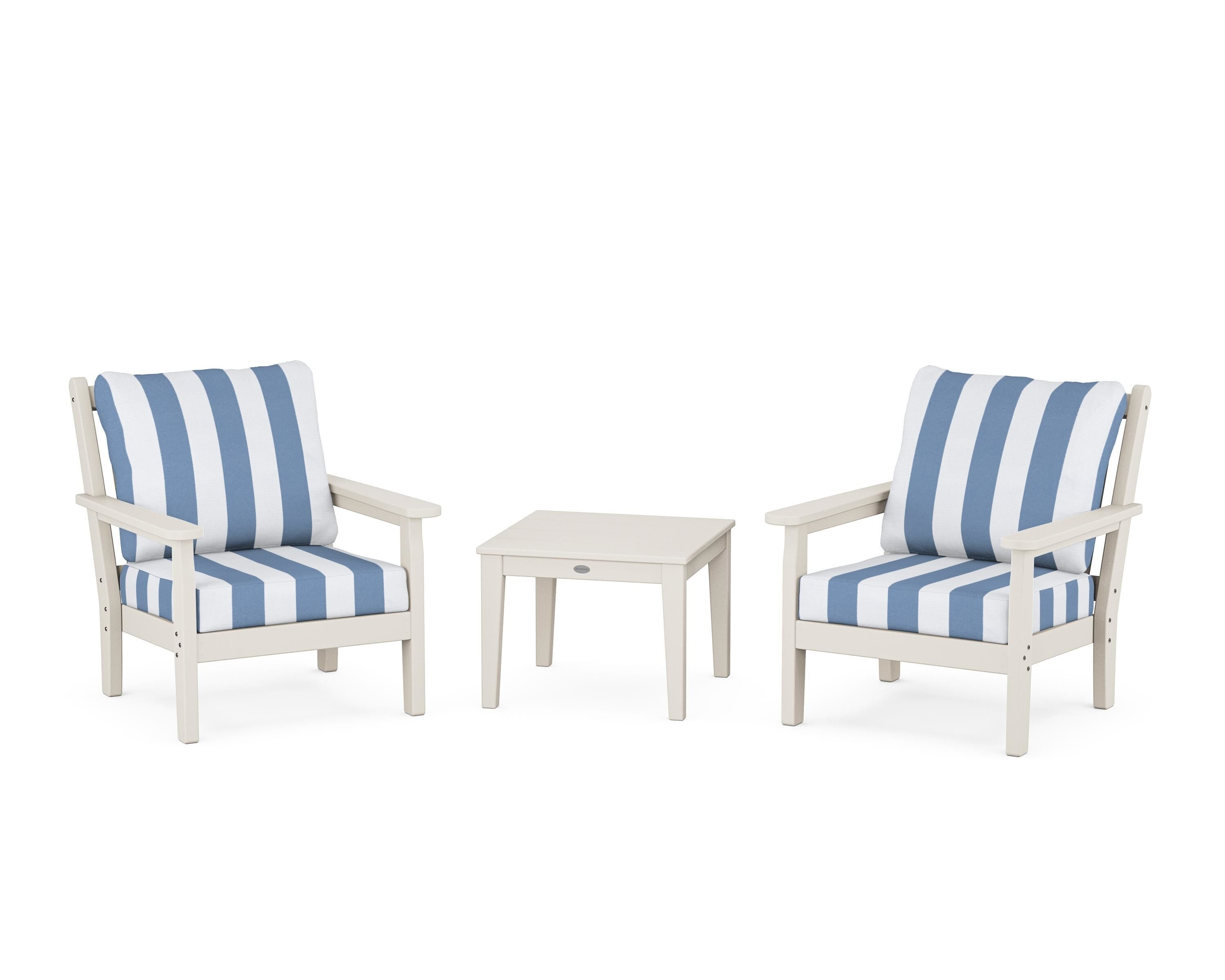POLYWOOD® Chippendale 3-Piece Deep Seating Set in Sand / Cabana Stripe Sky Blue