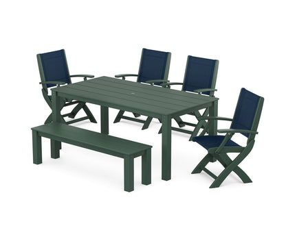 POLYWOOD® Coastal Folding Chair 6-Piece Parsons Dining Set with Bench in Green / Navy Blue Sling