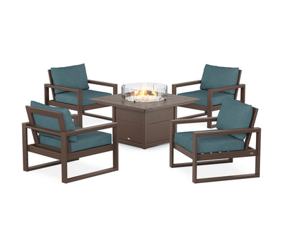 POLYWOOD® EDGE Sectional 5-Piece Deep Seating Set with Fire Pit Table in Mahogany / Ocean Teal