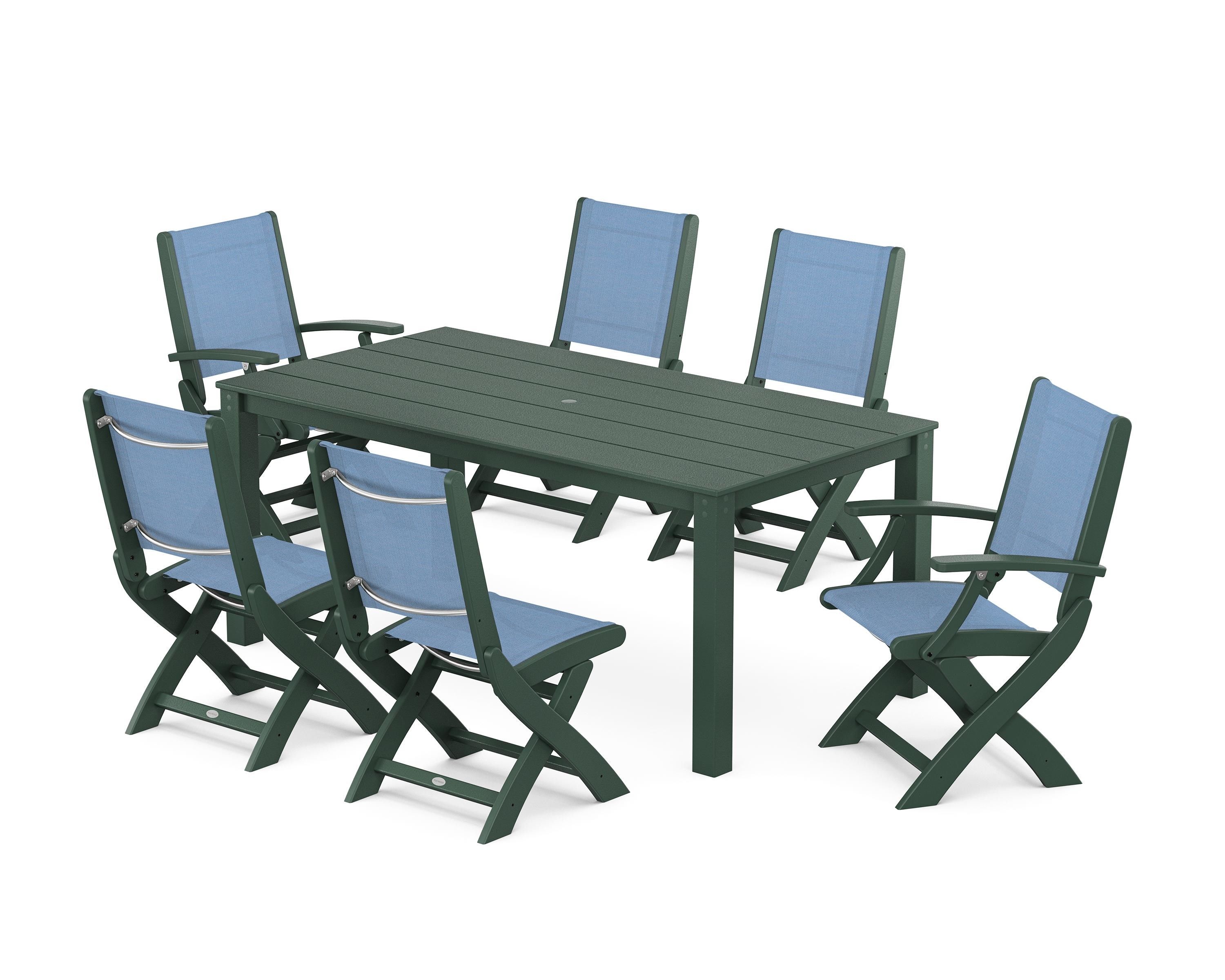 POLYWOOD® Coastal Folding Chair 7-Piece Parsons Dining Set in Green / Poolside Sling