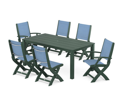 POLYWOOD® Coastal Folding Chair 7-Piece Parsons Dining Set in Green / Poolside Sling