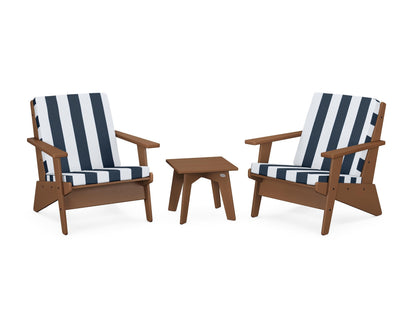 POLYWOOD® Riviera Modern Lounge 3-Piece Set in Teak / Cabana Stripe Marine Indigo