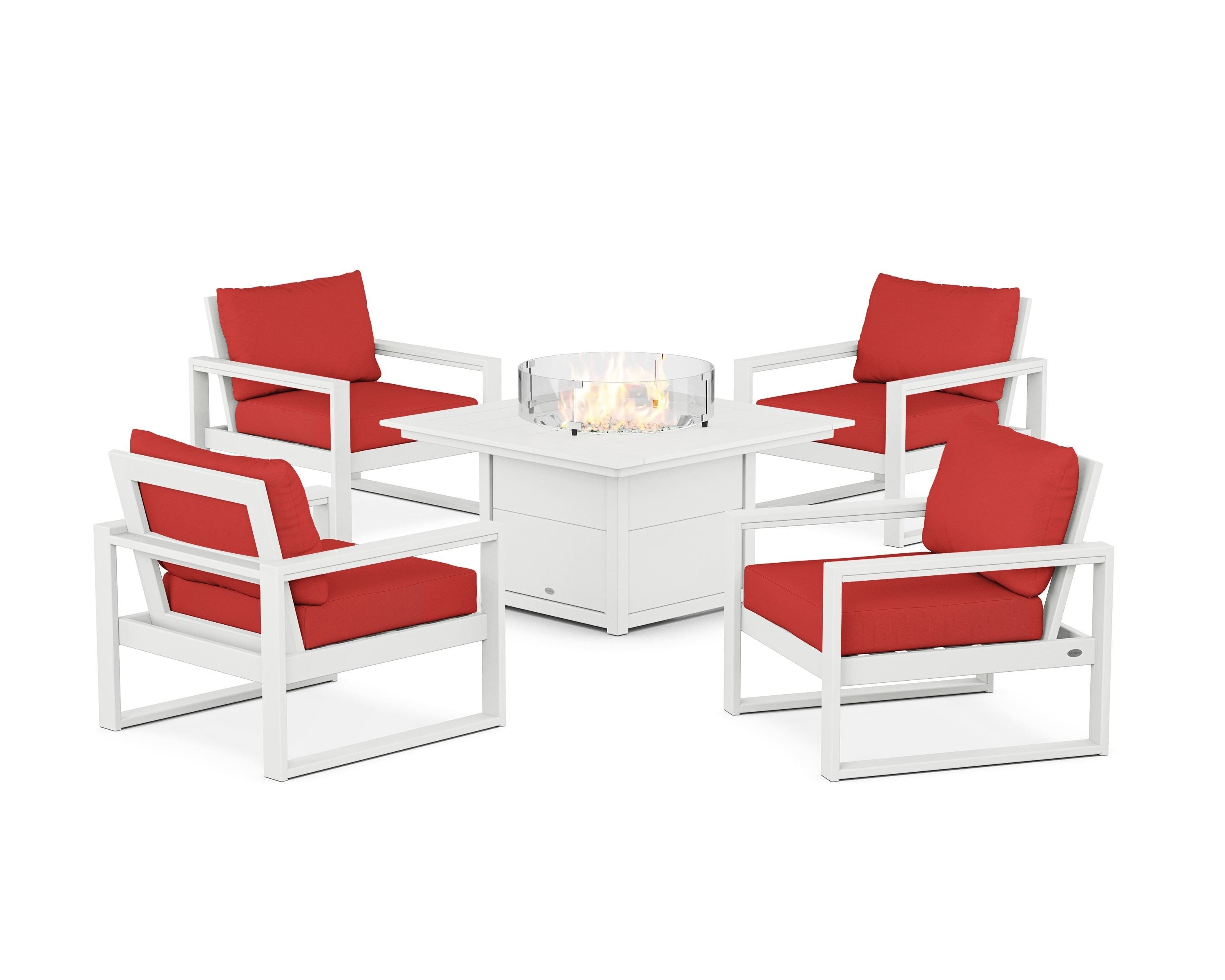 POLYWOOD® EDGE Sectional 5-Piece Deep Seating Set with Fire Pit Table in White / Crimson Linen