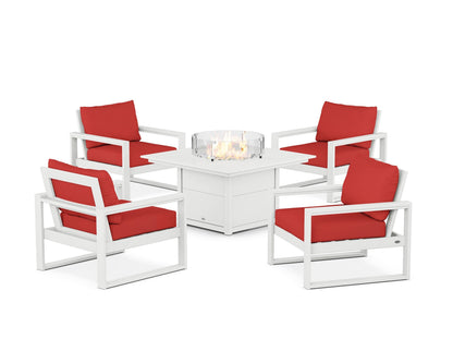 POLYWOOD® EDGE Sectional 5-Piece Deep Seating Set with Fire Pit Table in White / Crimson Linen