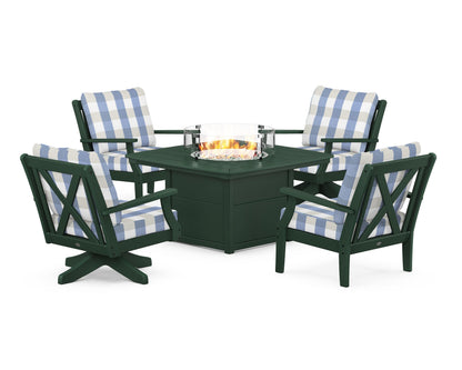 POLYWOOD® Braxton 5-Piece Deep Seating Set with Fire Table in Green / Buffalo Plaid Sky Blue