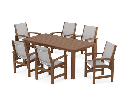 POLYWOOD® Coastal 7-Piece Parsons Dining Set in Teak / Parchment Sling
