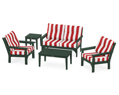 POLYWOOD® Vineyard 5-Piece Deep Seating Set in Green / Cabana Stripe Crimson