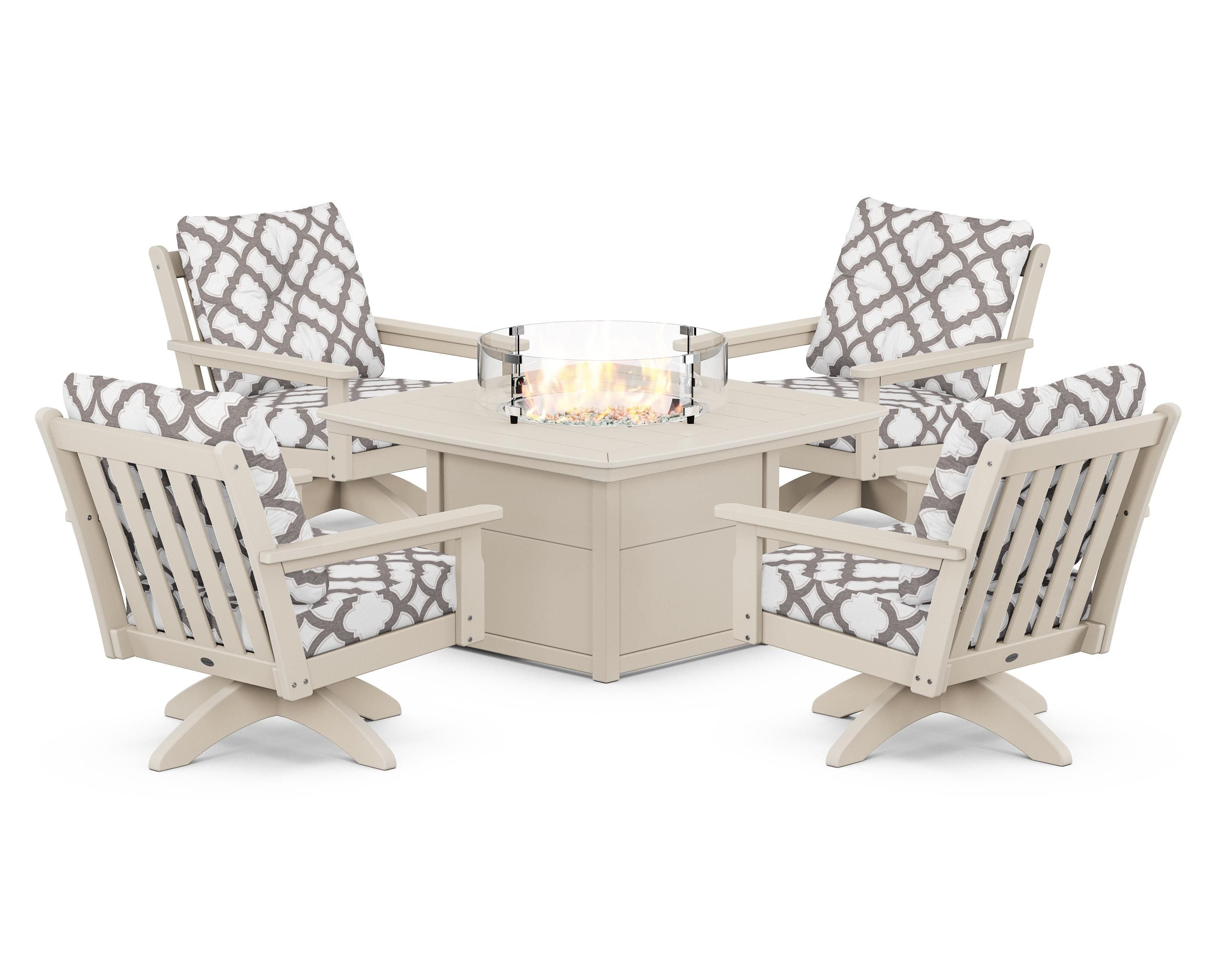 POLYWOOD® Vineyard 5-Piece Deep Seating Swivel Conversation Set with Fire Pit Table in Sand / Trellis Grey Mist